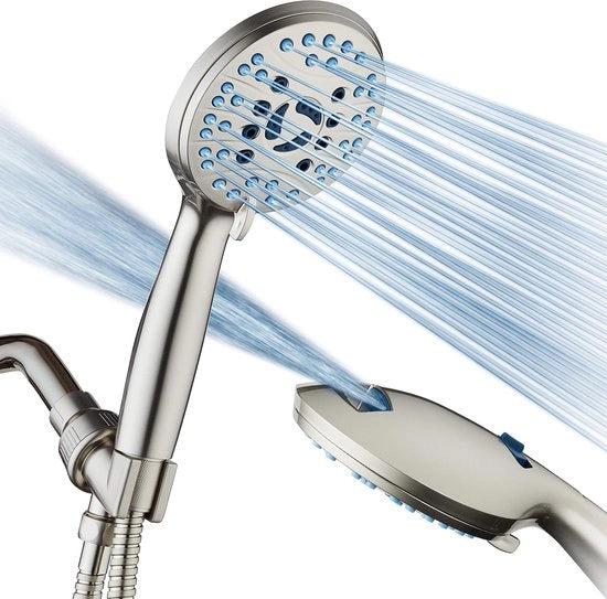 Hogedruk Handdouche con 8 Modalità, Spremini Antimicrobici, Funzione Power Wash Integrata per la Pulizia di Vasche da Bagno, Pavimenti e Animali Domestici, Tubo in Acciaio Inossidabile, Montaggio a Parete e soffitto