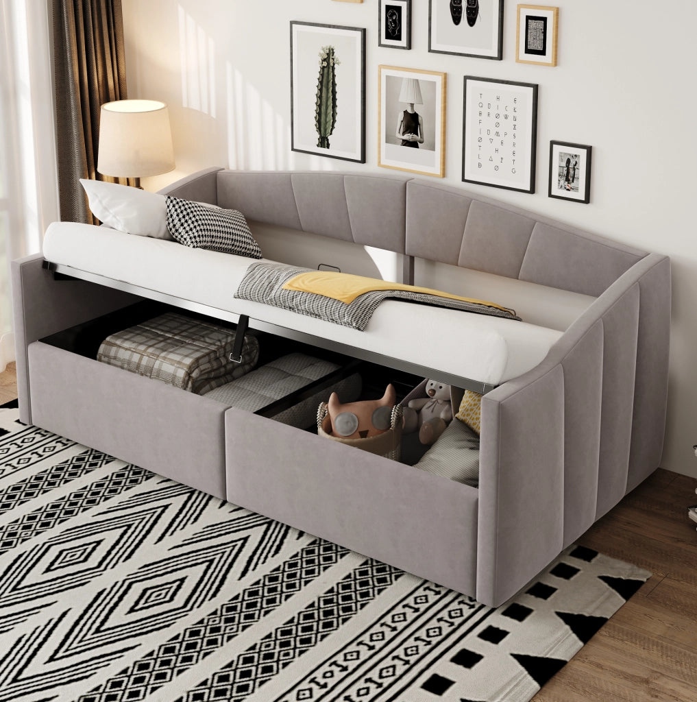 Divano letto imbottito con contenitore idraulico 90x200 cm; velluto; grigio chiaro