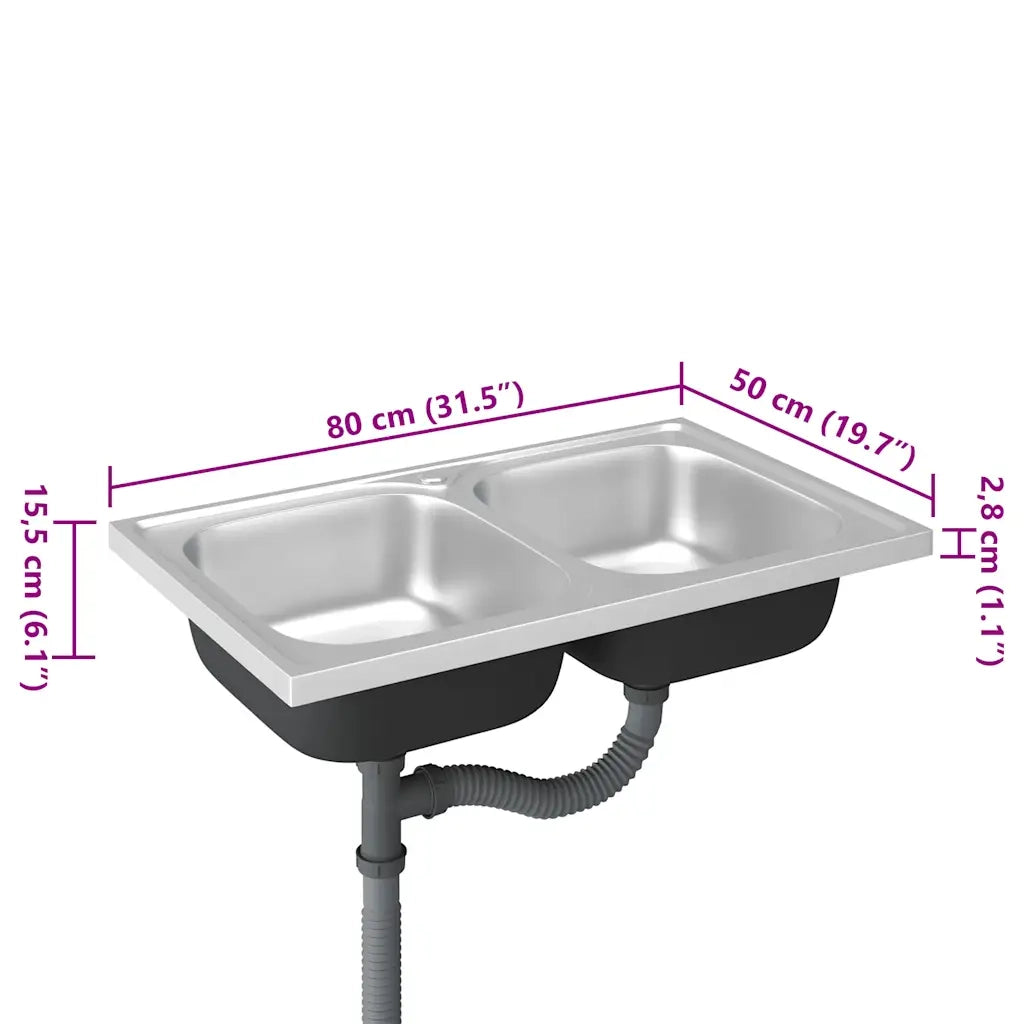 Lavello Cucina Doppia Vasca 800x500x155 mm Argento Acciaio Inox 147234