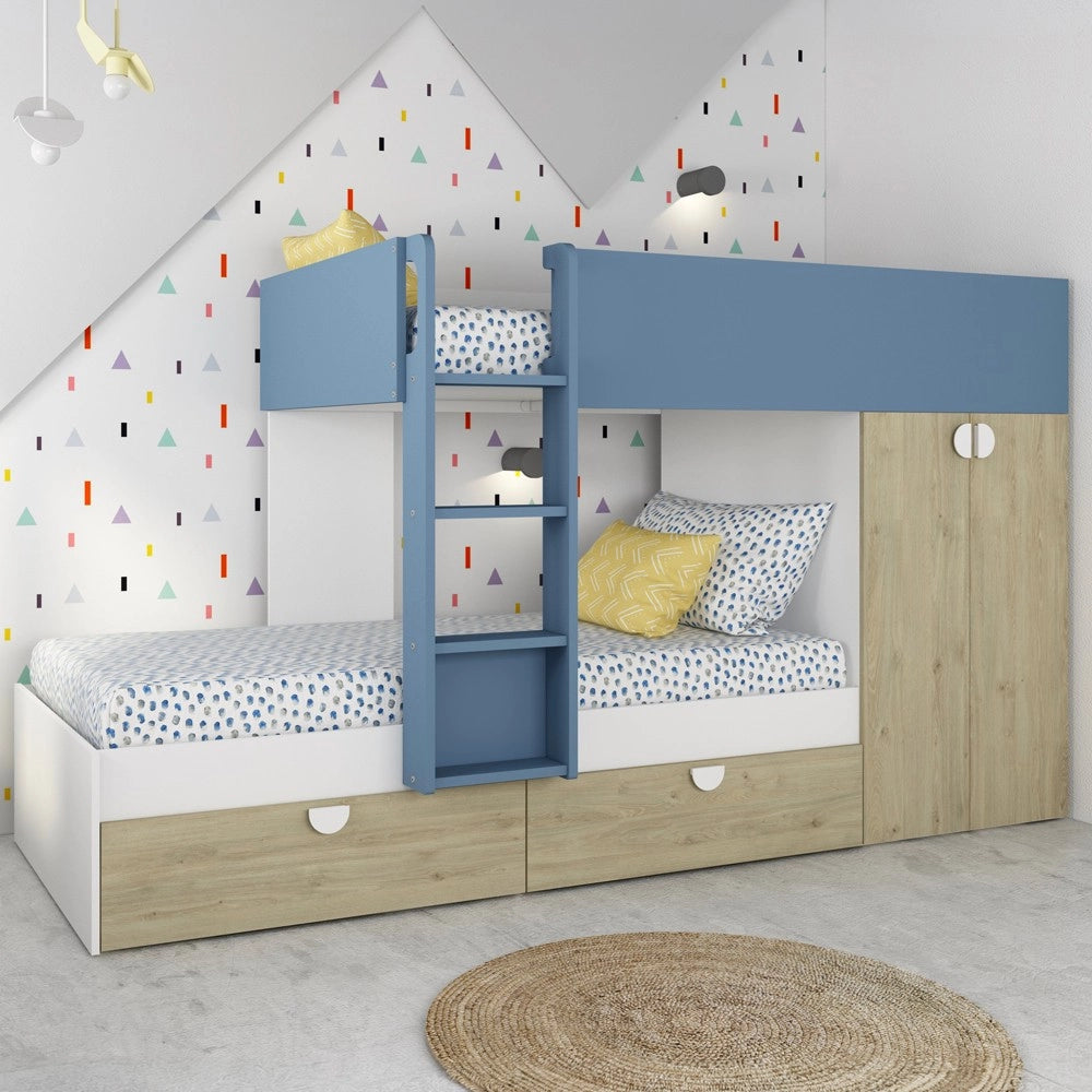 Letto a castello rovere e azzurro con armadio 2 ante e cassetti