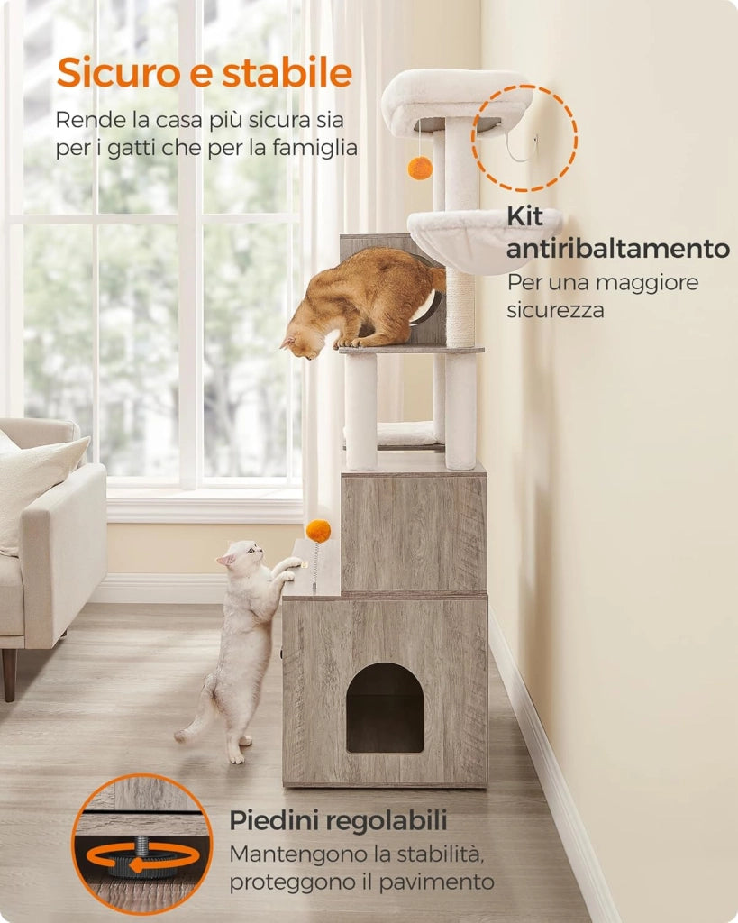 Feandrea Albero per Gatti Moderno, Tiragraffi con Mobile per Lettiera, 185 cm, Condominio per Gatti, Graffiatoi, Trespolo, Cuscini Lavabili, Greige PCT116G01