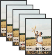 Set di 5 Cornici Foto 50x70 cm con Passepartout, Portafoto da Parete e Tavolo, Verticale o Orizzontale, in Legno Massiccio, Nero