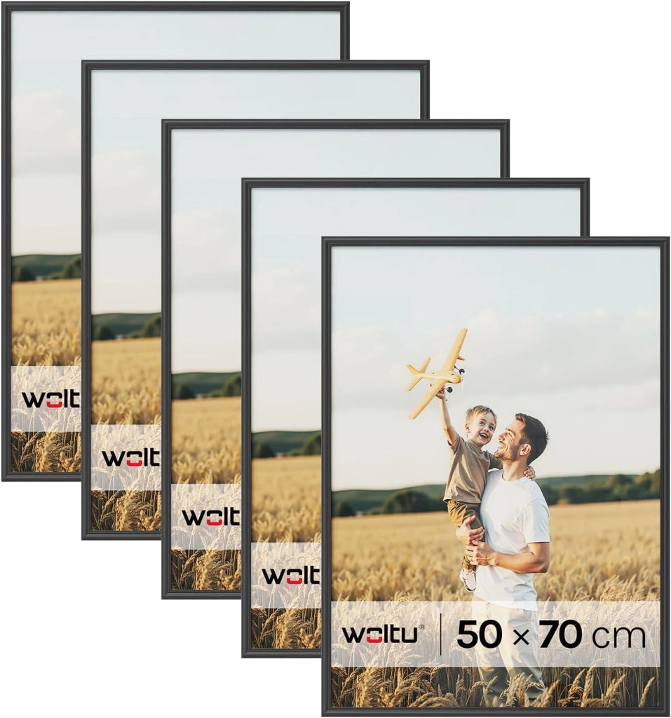 Set di 5 Cornici Foto 50x70 cm con Passepartout, Portafoto da Parete e Tavolo, Verticale o Orizzontale, in Legno Massiccio, Nero