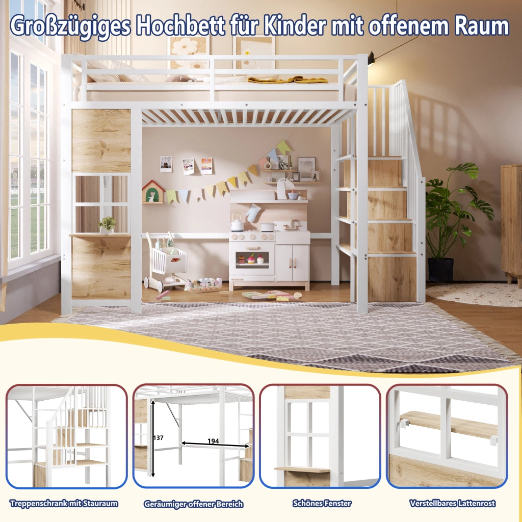 Letto a soppalco 140x200 cm in metallo e MDF bianco con scala contenitore
