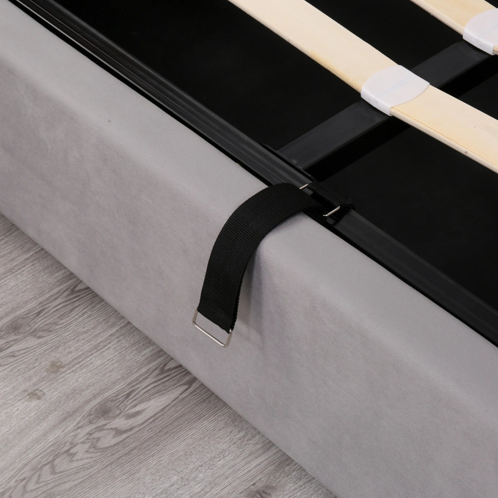 Letto imbottito matrimoniale in velluto grigio con contenitore