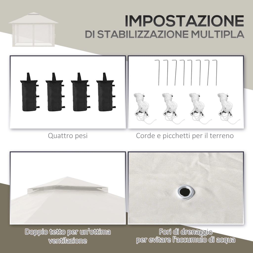 Gazebo Pieghevole 4x4 m ad Altezza Regolabile con Zanzariera e Borsa in Metallo e Tessuto Oxford Crema