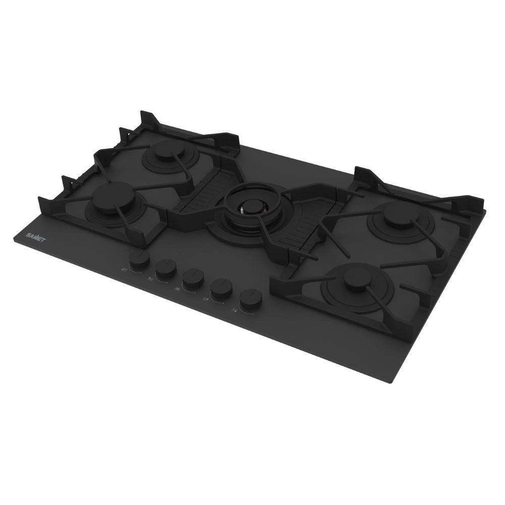 Piano cottura gas 5 fuochi 90 cm vetro temperato satinato nero opaco Samet Zacinto90