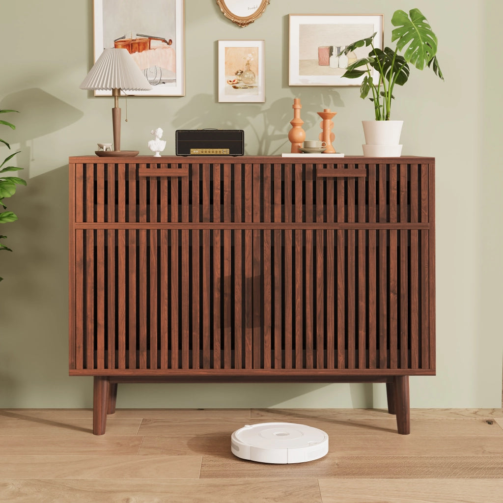 Credenza buffet 100cm effetto legno marrone, mobile soggiorno 2 cassetti ammortizzati e 2 ante, struttura robusta per cucina e sala da pranzo