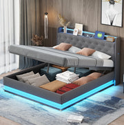 Letto imbottito LED 160x200 cm con USB e vano contenitore grigio