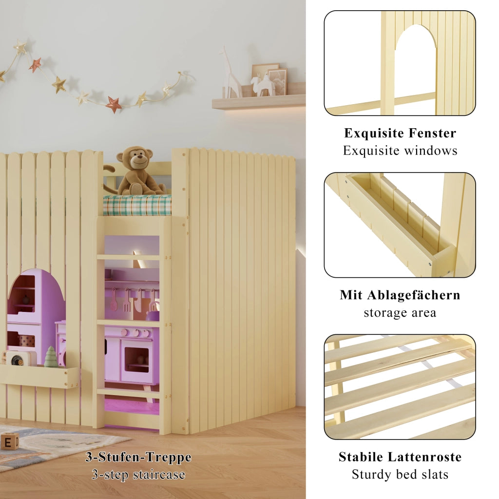 DESMIU Letto a soppalco 90 × 200 cm 1 posto con LED, scala dritta, senza materasso, in legno massello e MDF, naturale