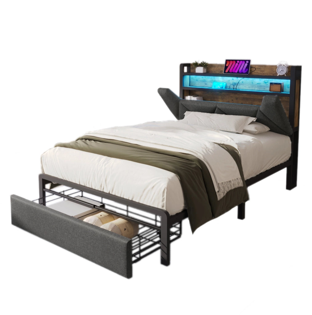 Letto singolo 90x200 cm con LED; USB C e testiera contenitore con cassetto; tessuto di lino grigio