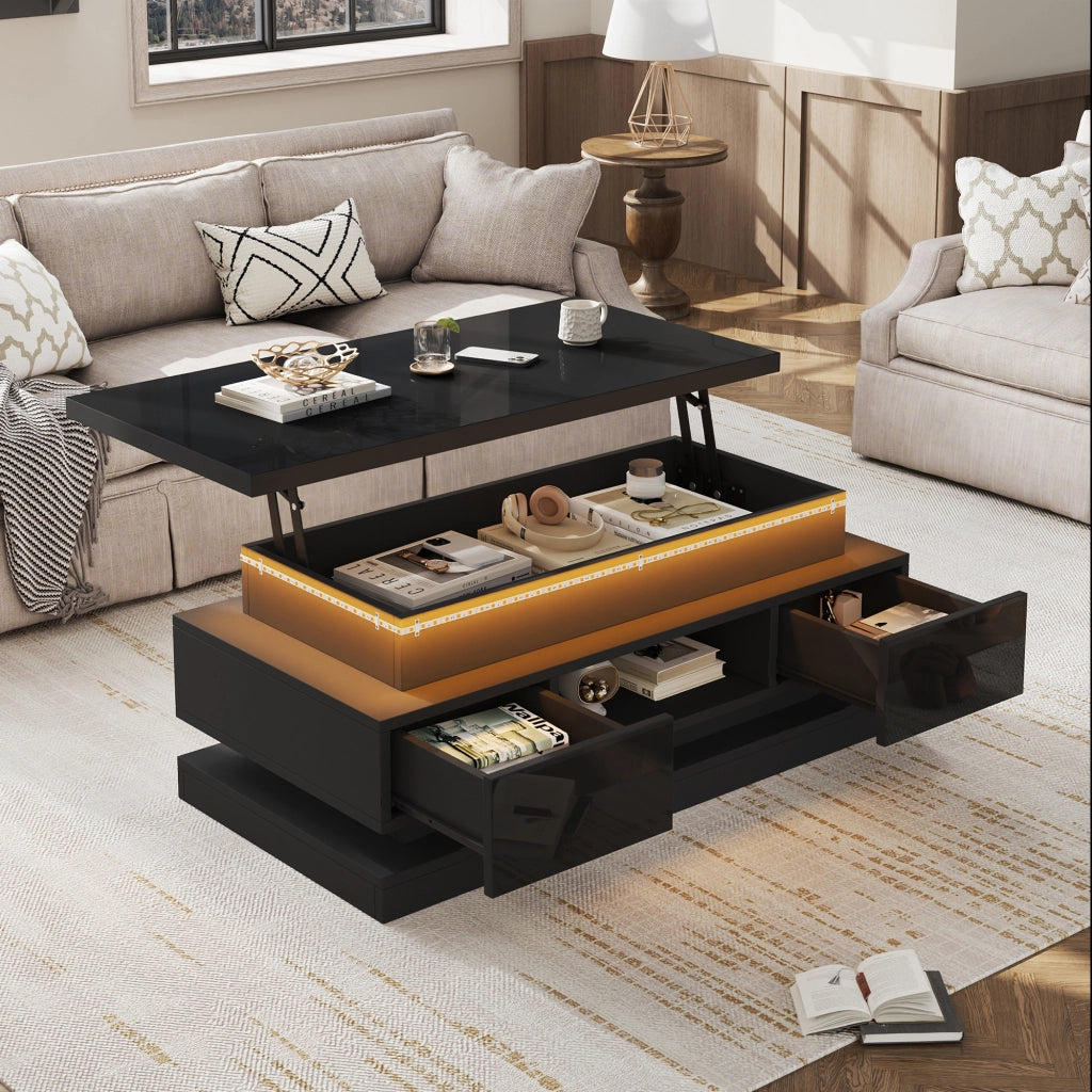 Tavolino alzabile con 2 cassetti; LED e USB - per soggiorno - 100×50×40 cm - nero