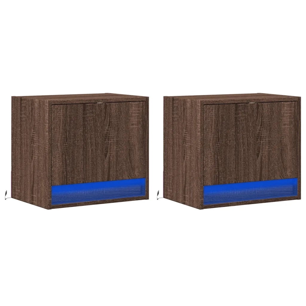 Set di 2 Comodini | Armadio da Notte | Mobiletto da notte a Parete con luci LED Rovere Marrone