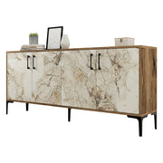 Credenza Agape, Buffet da soggiorno, Madia da salotto, Dispensa da cucina, 180x35h78 cm, Noce e Bianco Marmo