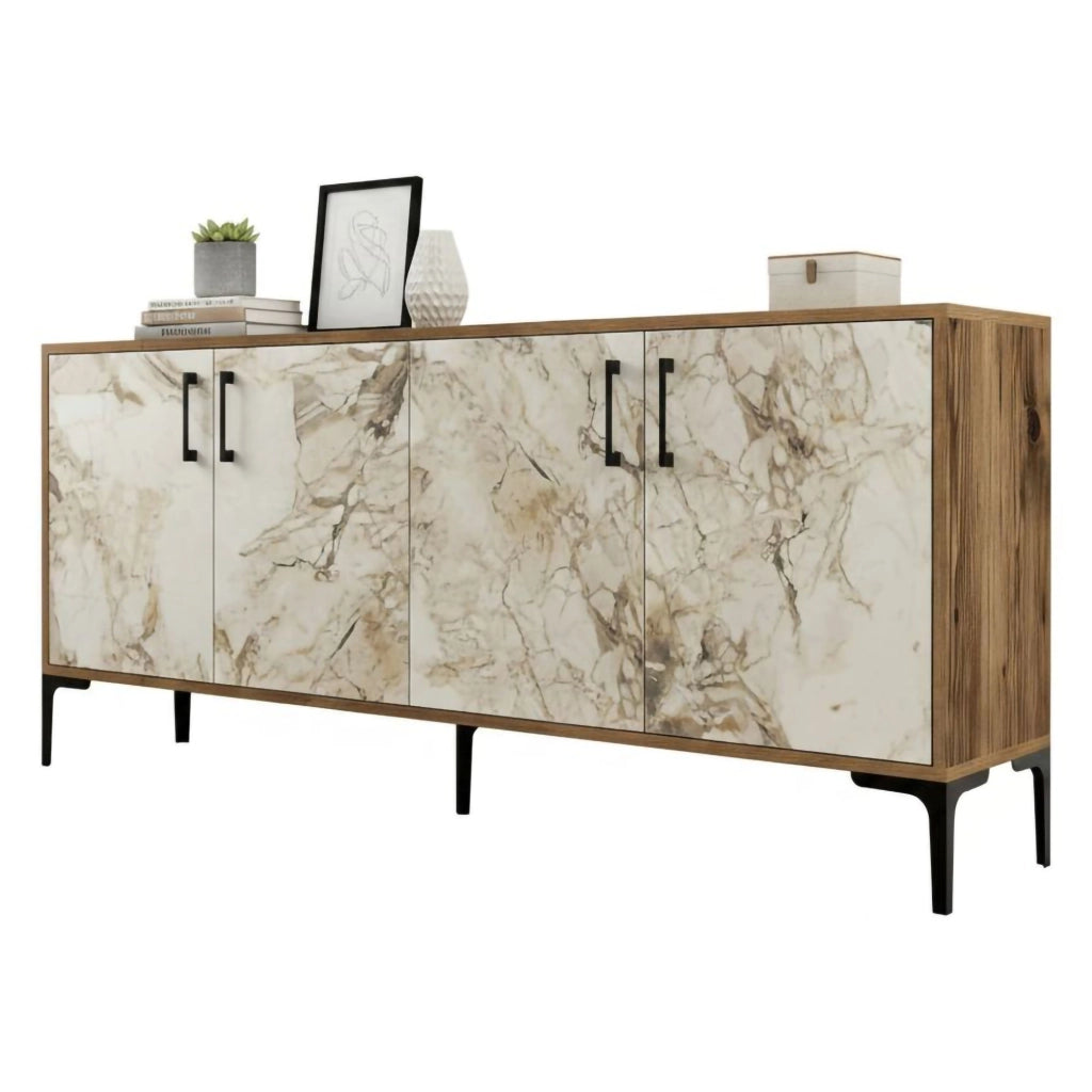 Credenza Agape, Buffet da soggiorno, Madia da salotto, Dispensa da cucina, 180x35h78 cm, Noce e Bianco Marmo