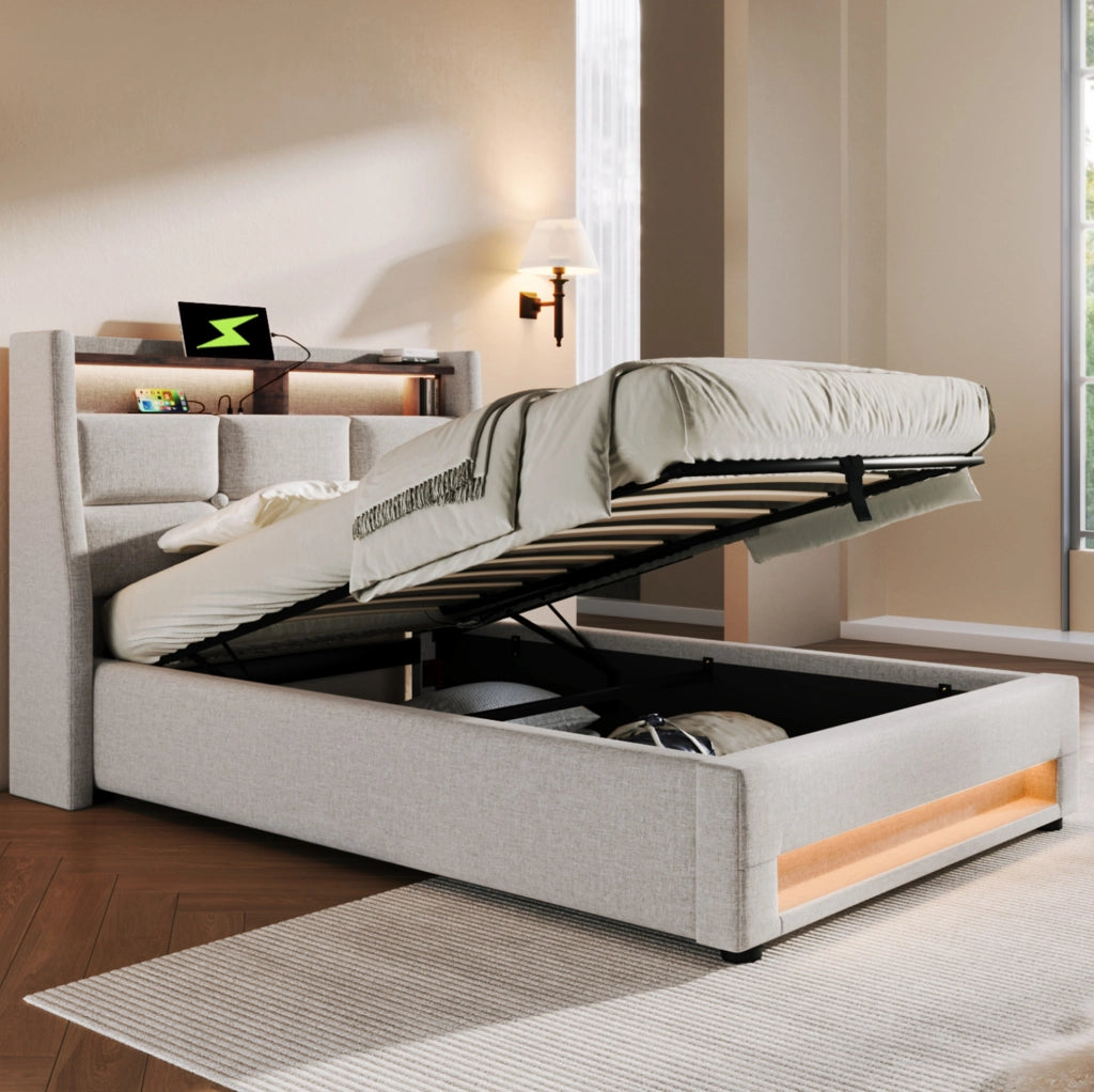 Letto contenitore 90x200 cm in lino beige chiaro con USB, LED, senza materasso