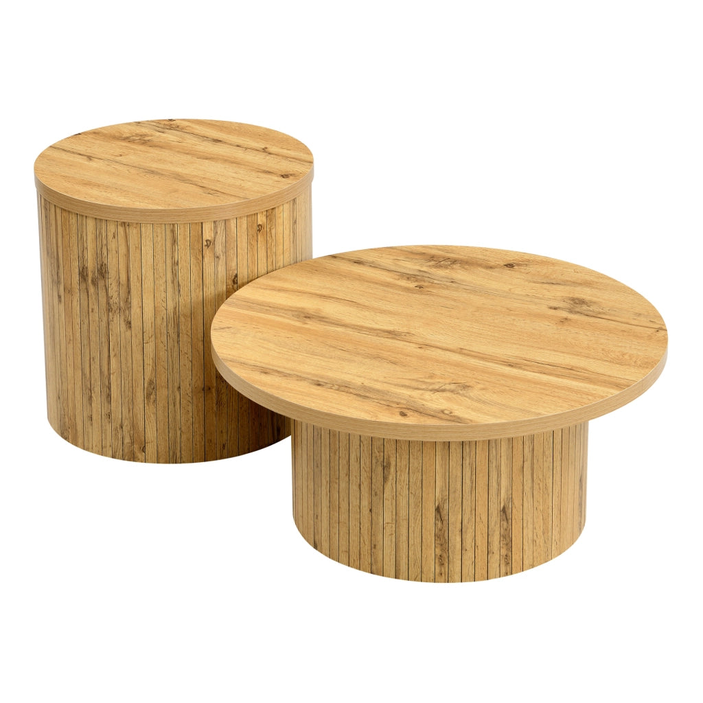 Set di tavolini da salotto rotondi 75x75x36 cm e 50x50x50.5 cm in MDF colore naturale