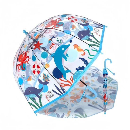 Paraplu per bambini con tetto a cupola, illuminato, design divertente e colorato, paraplu a forma di orologio, trasparente, regalo per bambini, blu delfino