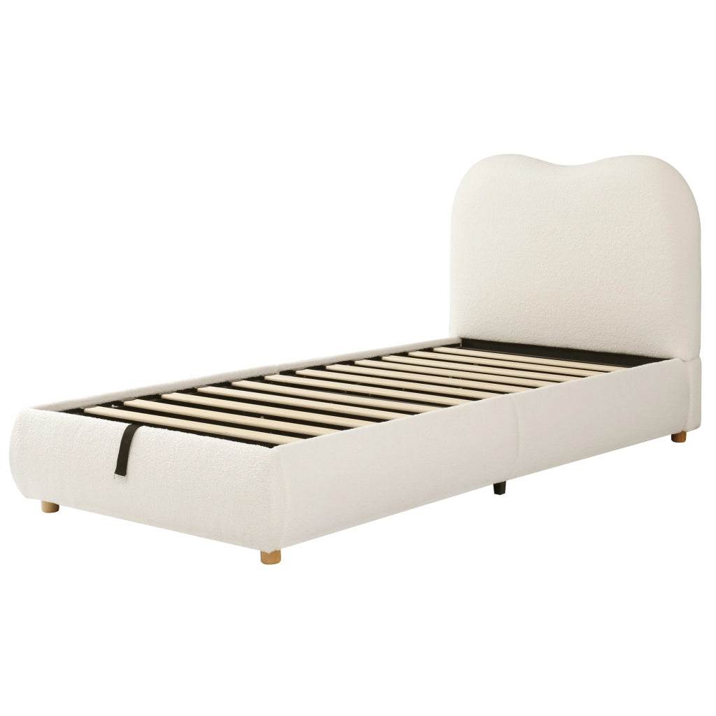 OKWISH Letto Contenitore 90×200 cm, Letto Singolo con Contenitore, Testiera Imbottita e Rete Inclusa, senza Materasso, Bouclé Beige