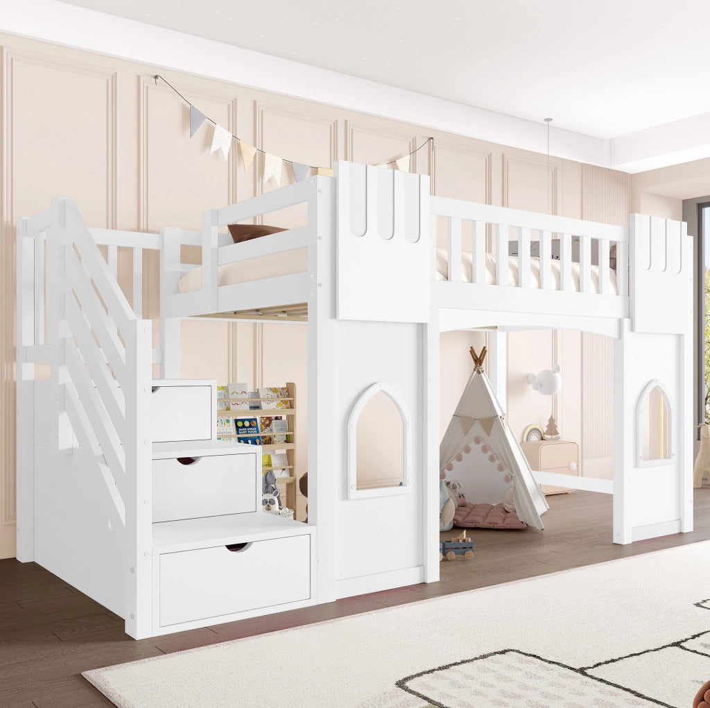 Letto a soppalco 90x200 cm con scala contenitore e finestre