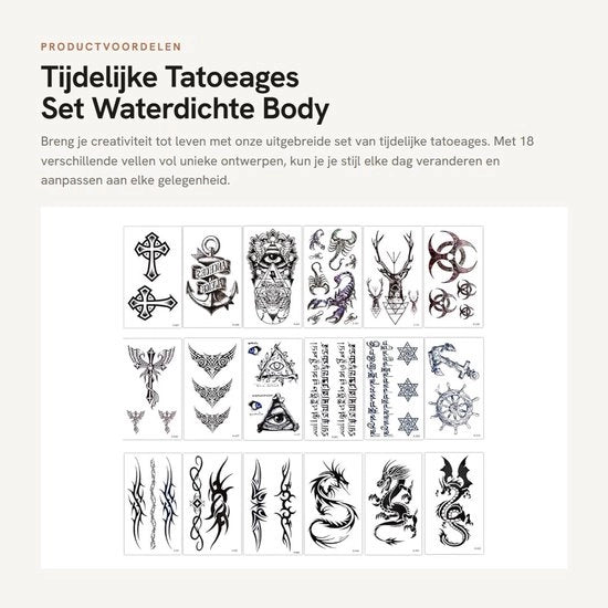 Tatuaggi temporanei acqua resistente - 18 fogli - Stickers per tatuaggi - Disegni grafici - Durata fino a 5 giorni