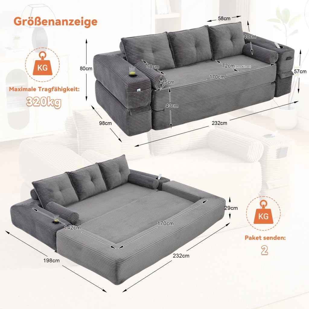 Divano letto convertibile modulare a 3 posti con tasche laterali e porta bicchieri in velluto a coste grigio scuro