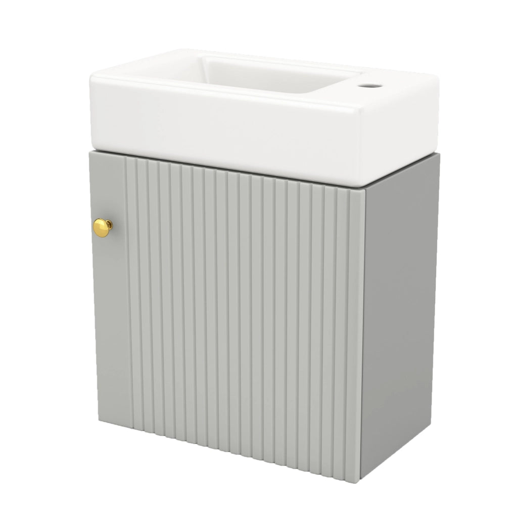 Mobile bagno sospeso con lavabo in ceramica, grigio e bianco