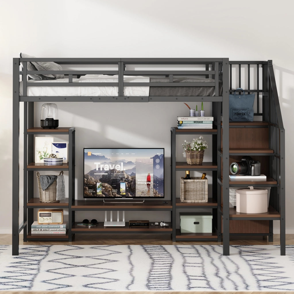 Letto a Soppalco Singolo con Supporto TV; Presa e Scala Contenitore; 90×200 cm; senza Materasso; Nero