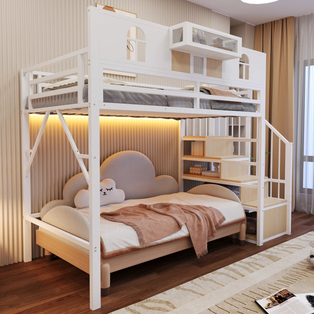 Letto a soppalco in metallo 90 x 200 cm con scala contenitore e barra luminosa; bianco