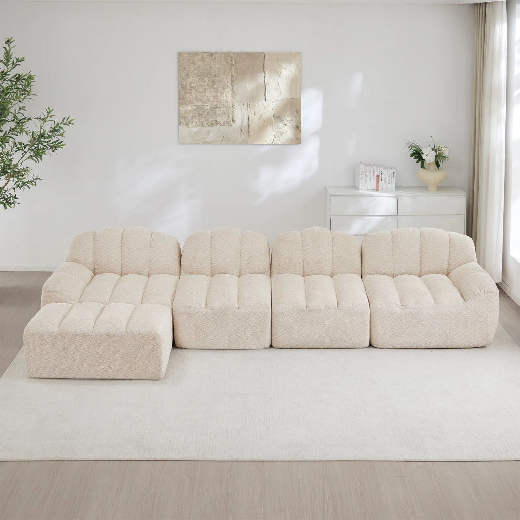 Divano angolare modulare 4 posti con ottomano in fleece granulato per soggiorno beige bianco 366 × 165 × 79 cm