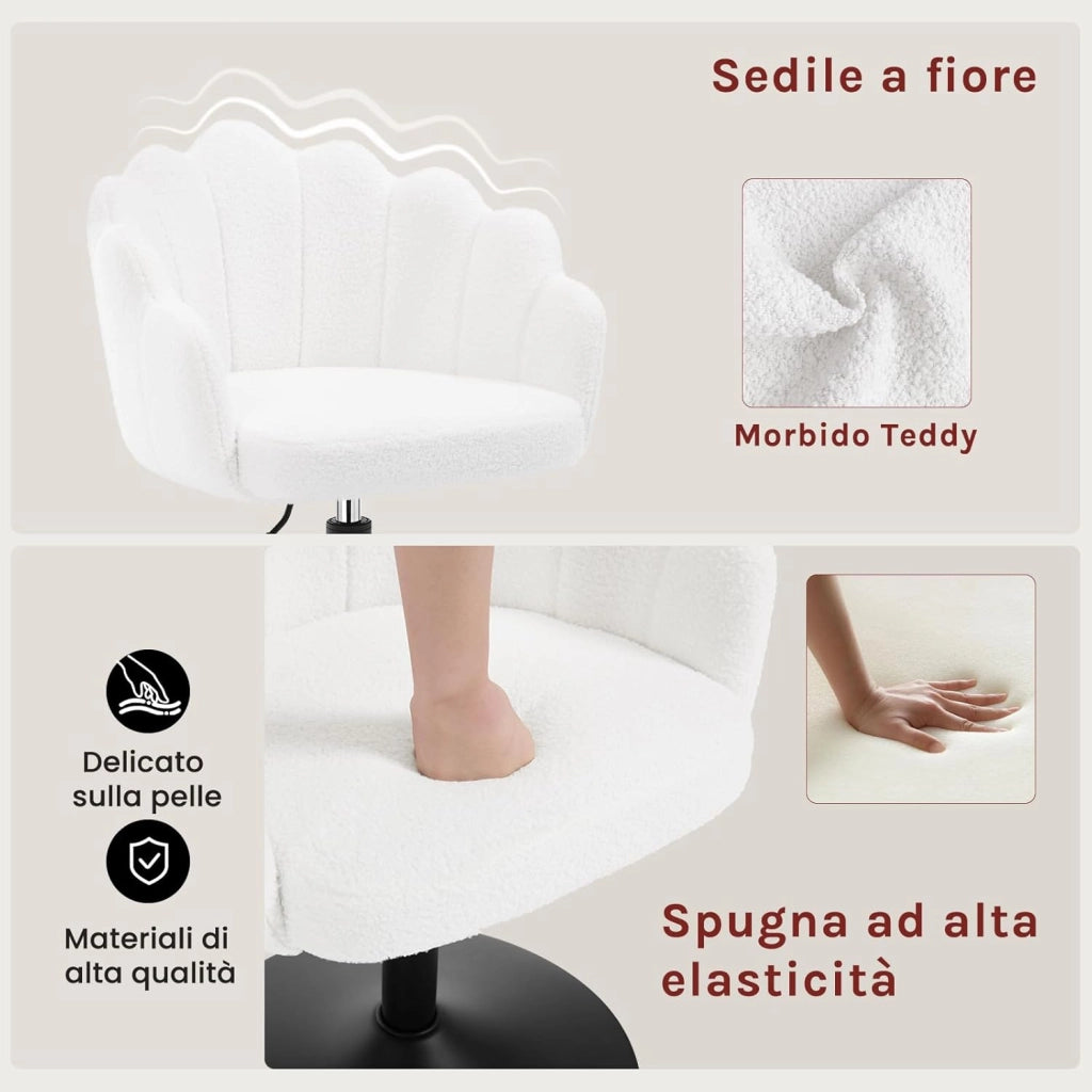 Sedia da Trucco, Poltrona Girevole in Tessuto Bouclé, Sgabello da Trucco Regolabile in Altezza per Camera da Letto, Soggiorno, Bianco