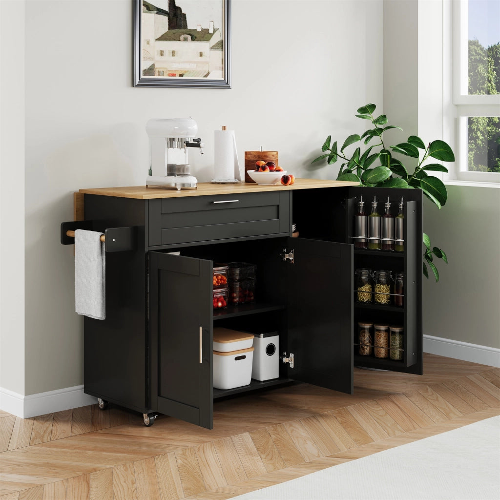 Carrello Isola da Cucina 132;5x44/70x90 cm Nero con Piano Ribaltabile; Armadietti e 5 Ruote