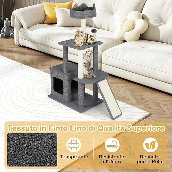 Tiragraffi per Gatto Alto 117 cm, Albero Tiragraffi Gatto con 5 Piattaforme, 2 Pali Sisal e Pallina Pompon, Torre Tiragraffi per Gatti con Grotta e Trespolo, Grigio