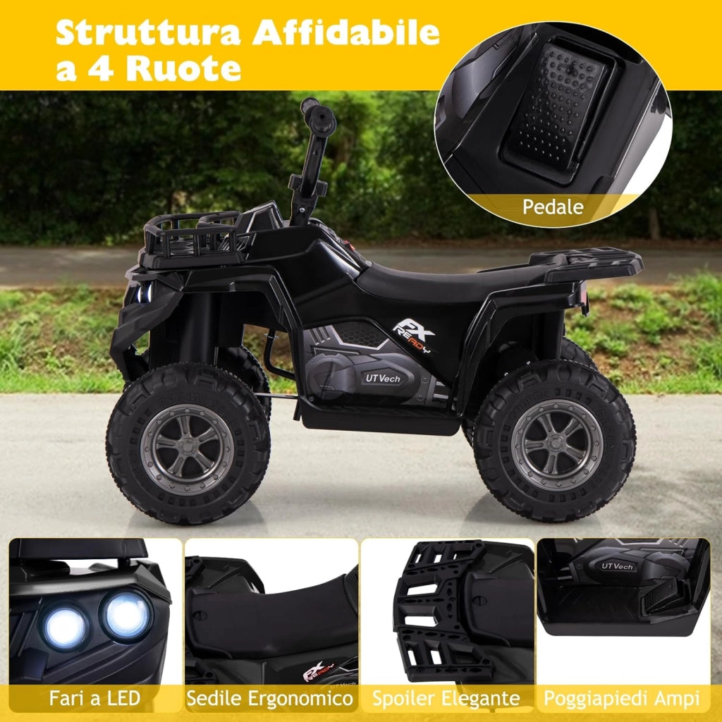 Macchina Elettrica per Bambini, 6V Quad con Fari LED, Cestino Portaoggetti e Lettore MP3, 2 km/h, Veicolo Giocattolo per Bambini 2-5 Anni (Nero)