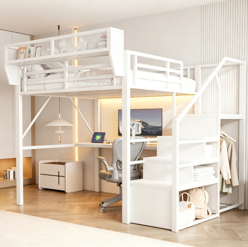 Letto a soppalco 140x200 cm in metallo con scrivania; striscia LED; scala e ripiani; bianco