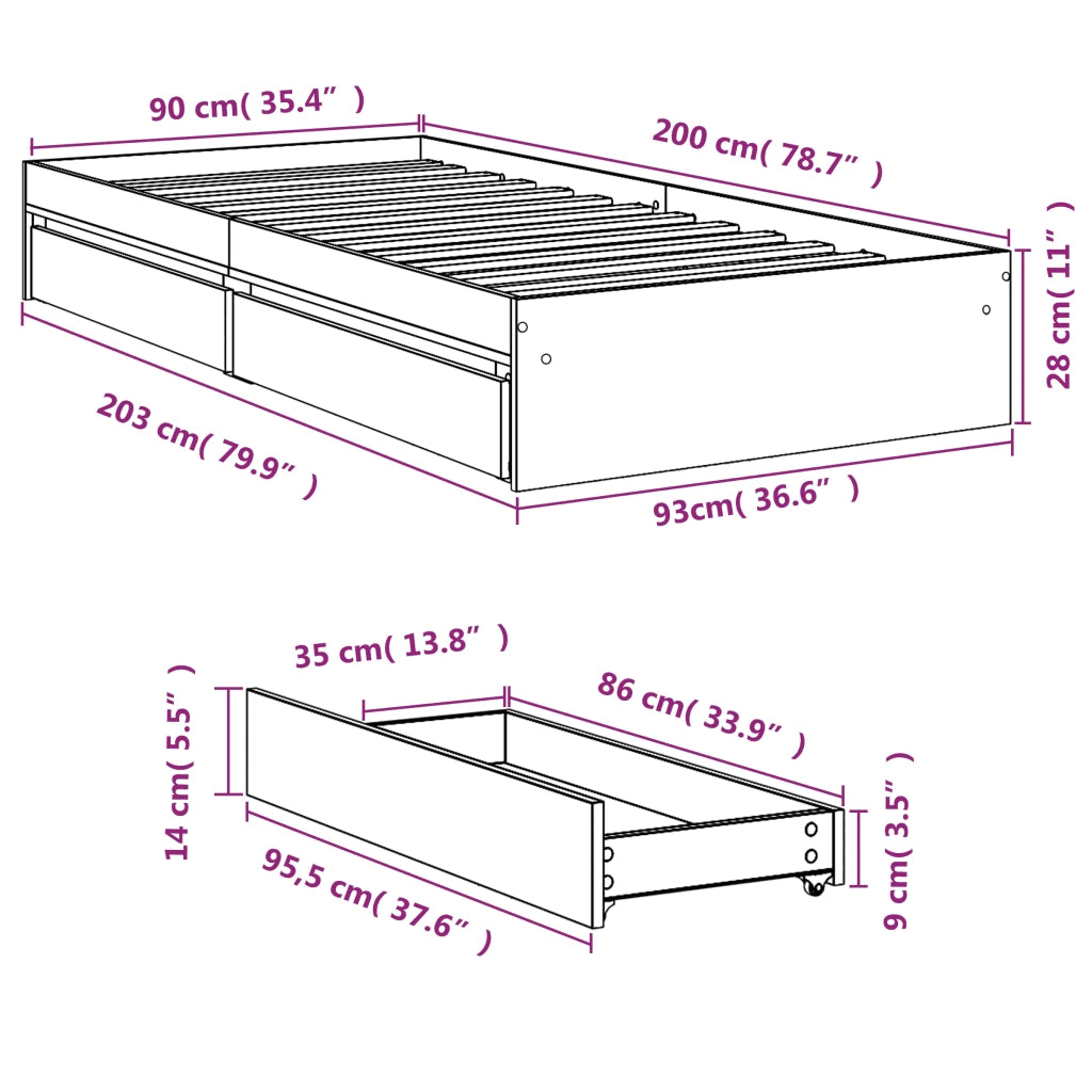Letto singolo | Letto per adulti | Giroletto Cassetti Grigio Sonoma 90x200 cm Legno Multistrato