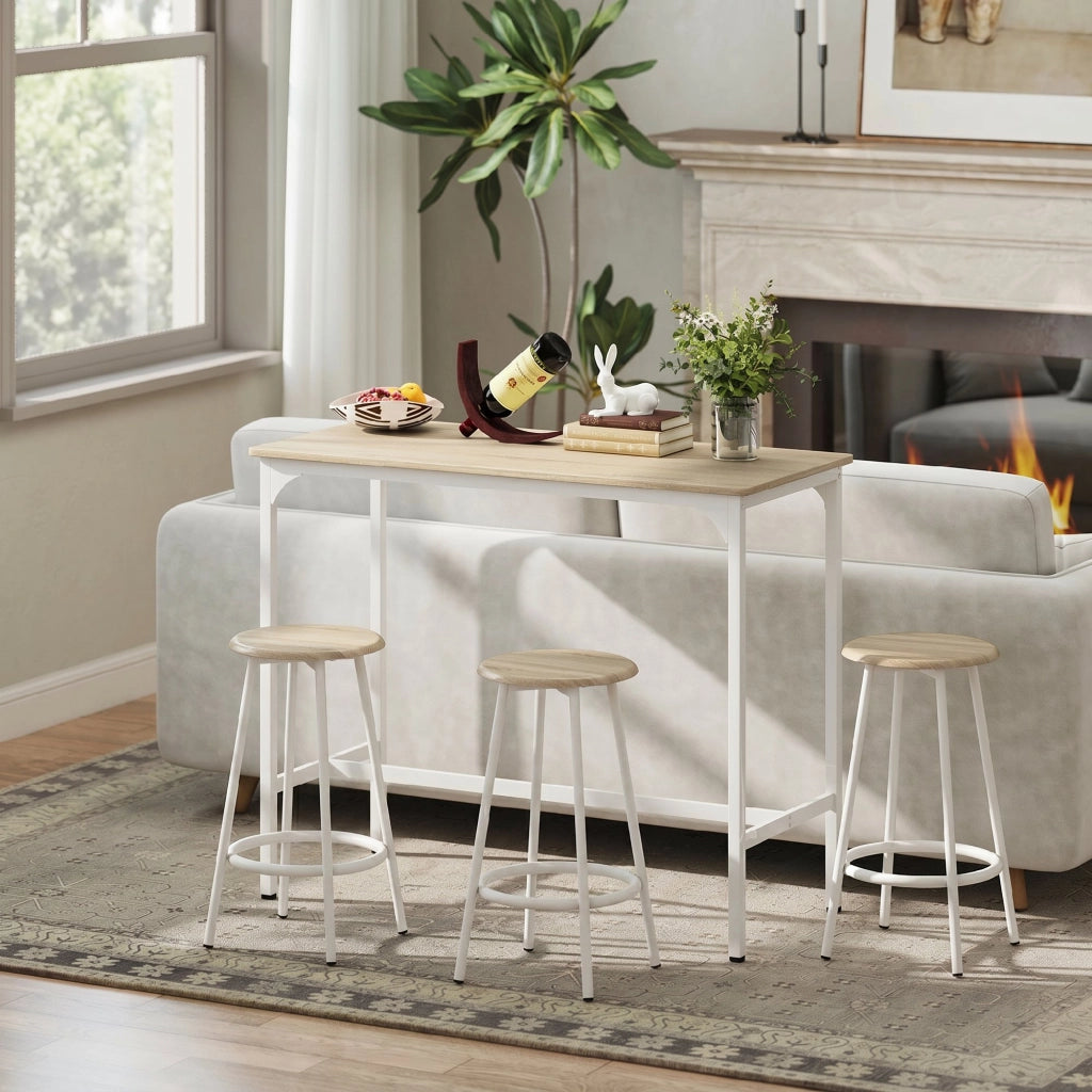 Set da Pranzo 5 Pezzi con Bancone da Bar 110x50x89,5 cm e Sgabelli Ø30x60,5 cm in Legno e Metallo Color Legno