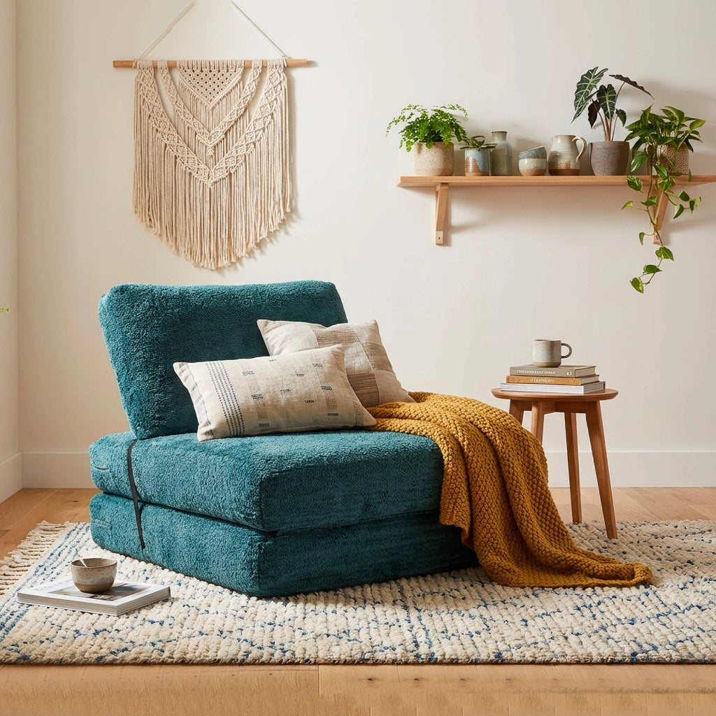 Poltroncina Abyane, Poltrona Trasformabile in Letto, Rivestimento in Tessuto Bouclè, 31x31x97h cm Verde Petrolio