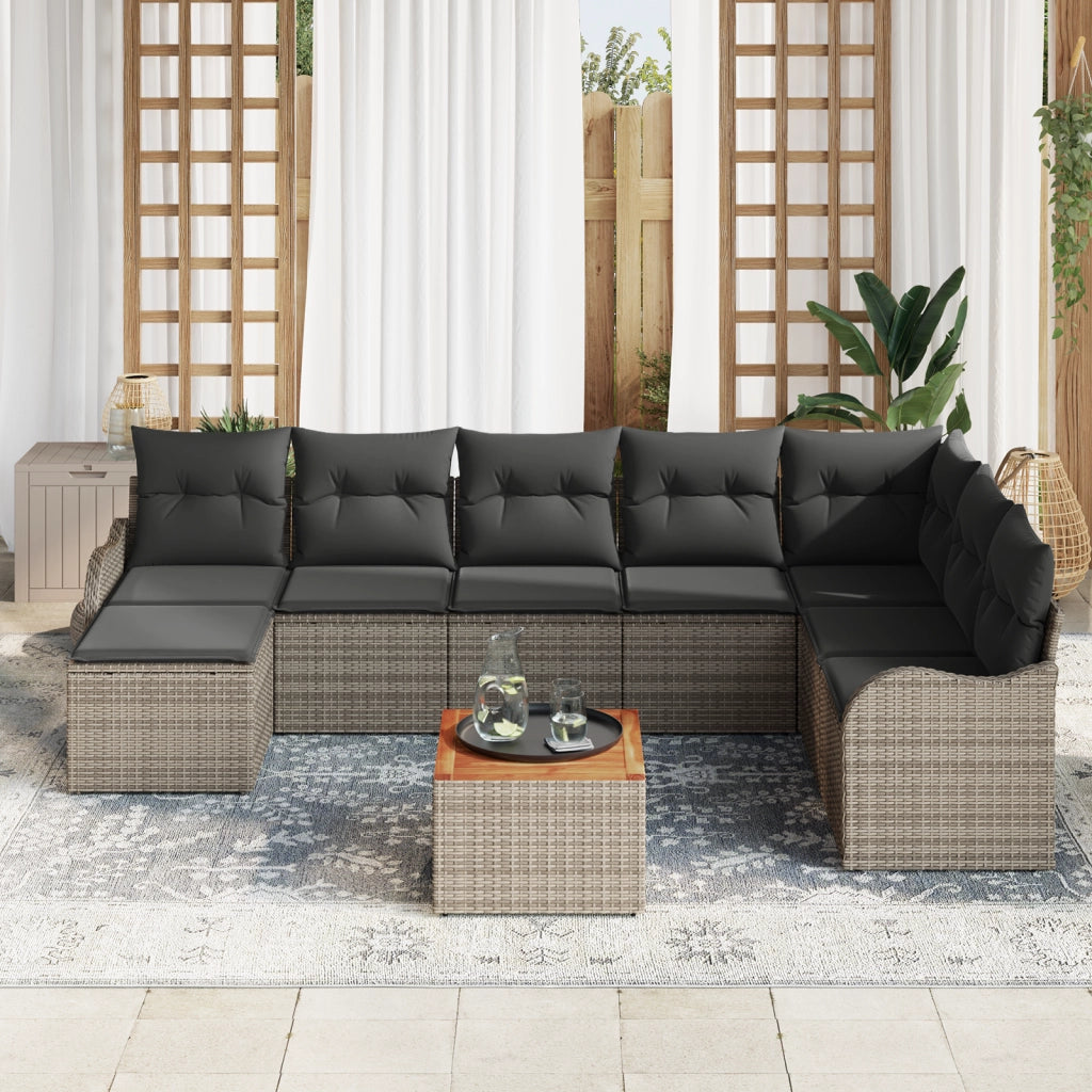 Set Divano da Giardino  9 Pezzi con Cuscini Grigio Polyrattan Acacia