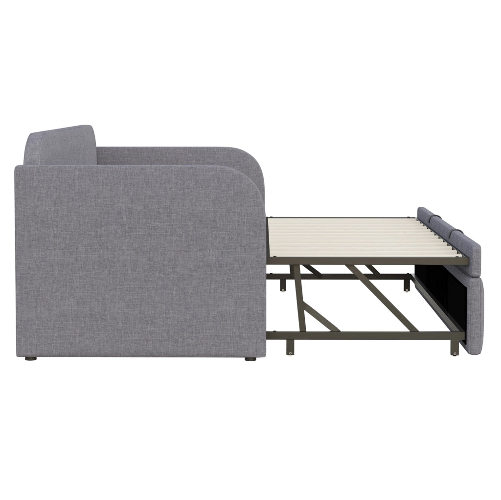 Divano letto estraibile imbottito 90/180x190 cm con rete a doghe in lino; grigio
