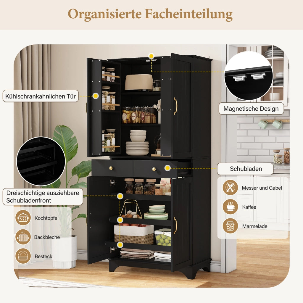 Credenza alta con ripiani regolabili, 2 cassetti e vani con ante, per cucina e soggiorno, in MDF, nero, 77 × 40 × 181 cm