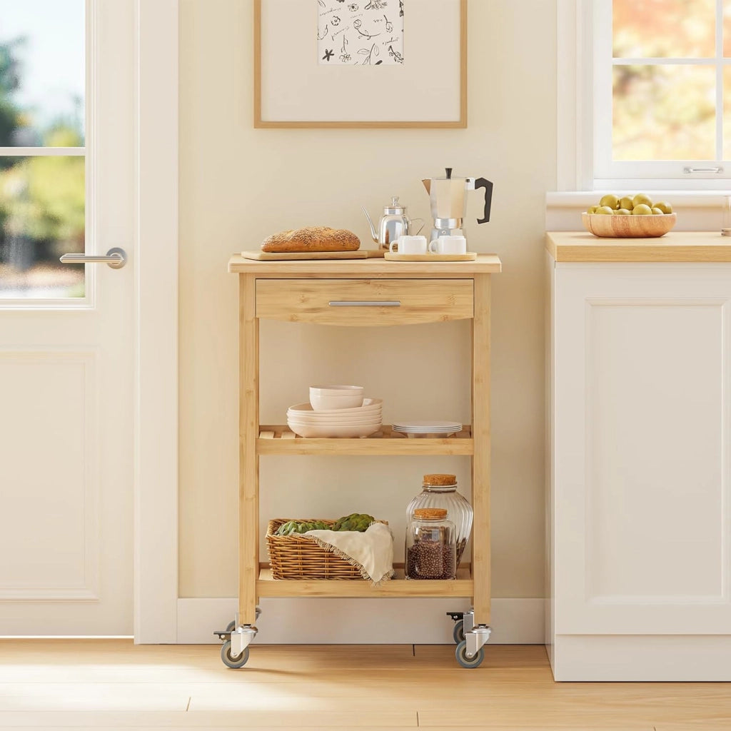 Carrello da Cucina in Bambù Carbonizzato – Carrello Cucina in Legno con Ruote, Antibatterico, Resistente all’Umidità, Inodore, Ideale per Cucina, Sala da Pranzo e Casa 58×40×86 cm FKW135-N