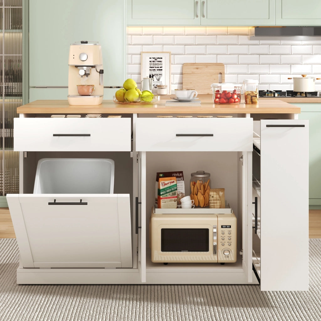 Isola da cucina, piano ribaltabile, scaffale a 4 ripiani per condimenti, 2 cassetti, ruote con freno, colore bianco e naturale