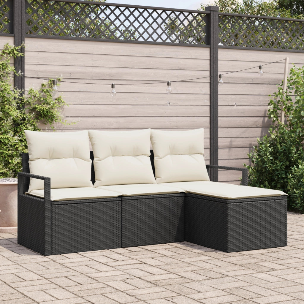 Set Divano da Giardino 4 Pezzi con Cuscini Nero Polyrattan