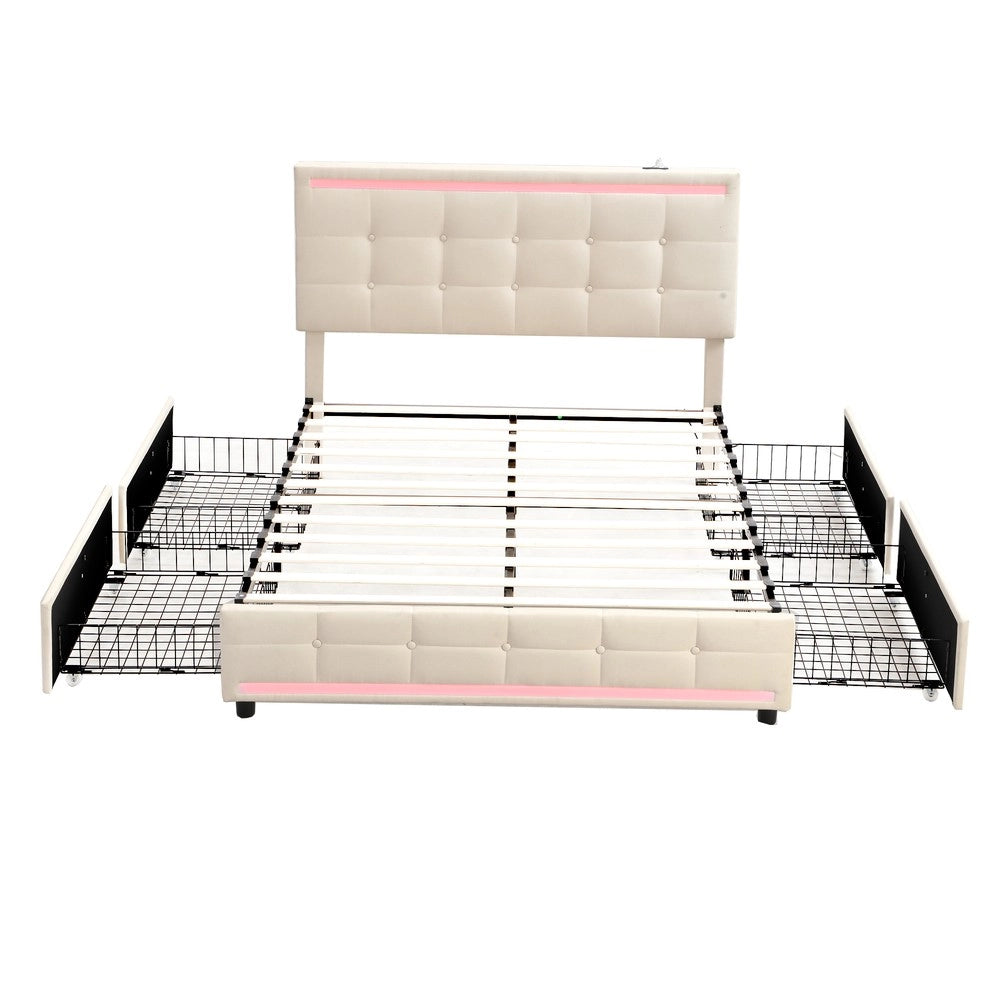 Letto Imbottito Contenitore 140x200 con LED ¨C MINIMAL ¨C Tessuto Beige, 4 Cassetti, 2 USB