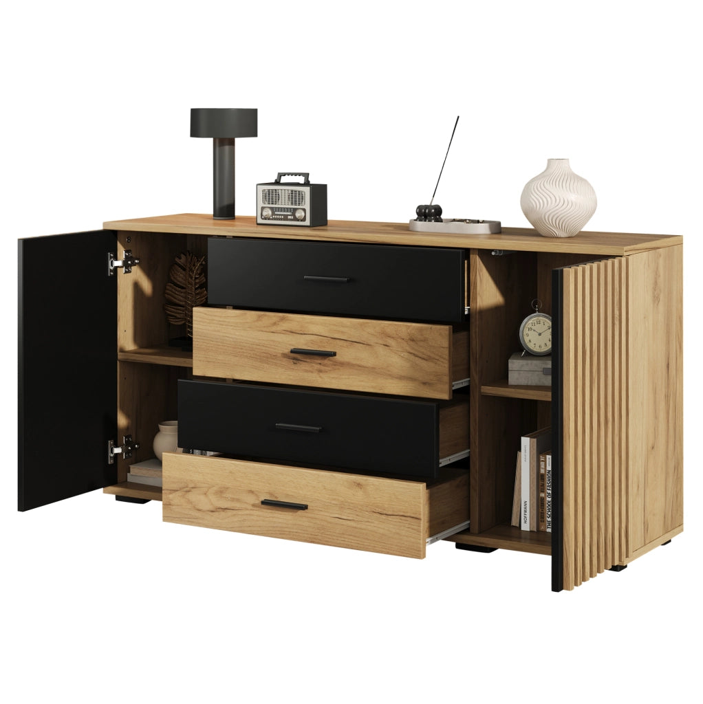 Credenza 140x35x70 cm con 4 cassetti e 2 ante in MDF nero e rovere HOMVRA