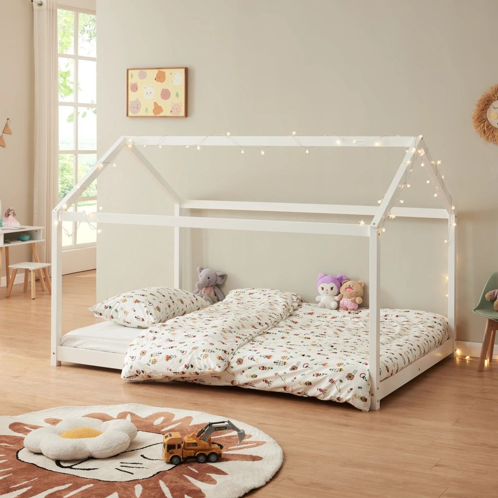 Letto per Cameretta 'Cerro' a Forma di Casetta 140 x 200 cm Legno di Pino Bianco [en.casa]