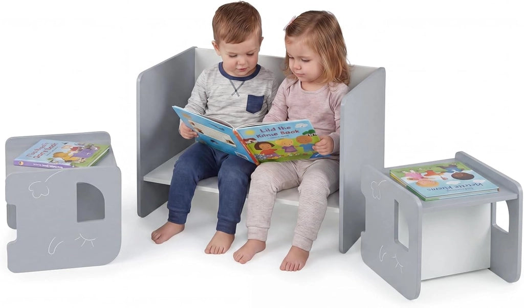 Set Tavolo e 2 Sedie per Bambini, Tavolo e Sedie Salvaspazio per Bambini 3+ Anni con Lavagna per Disegnare e Piedini Antiscivolo, per Camerette, Soggiorno e Studio (Grigio)