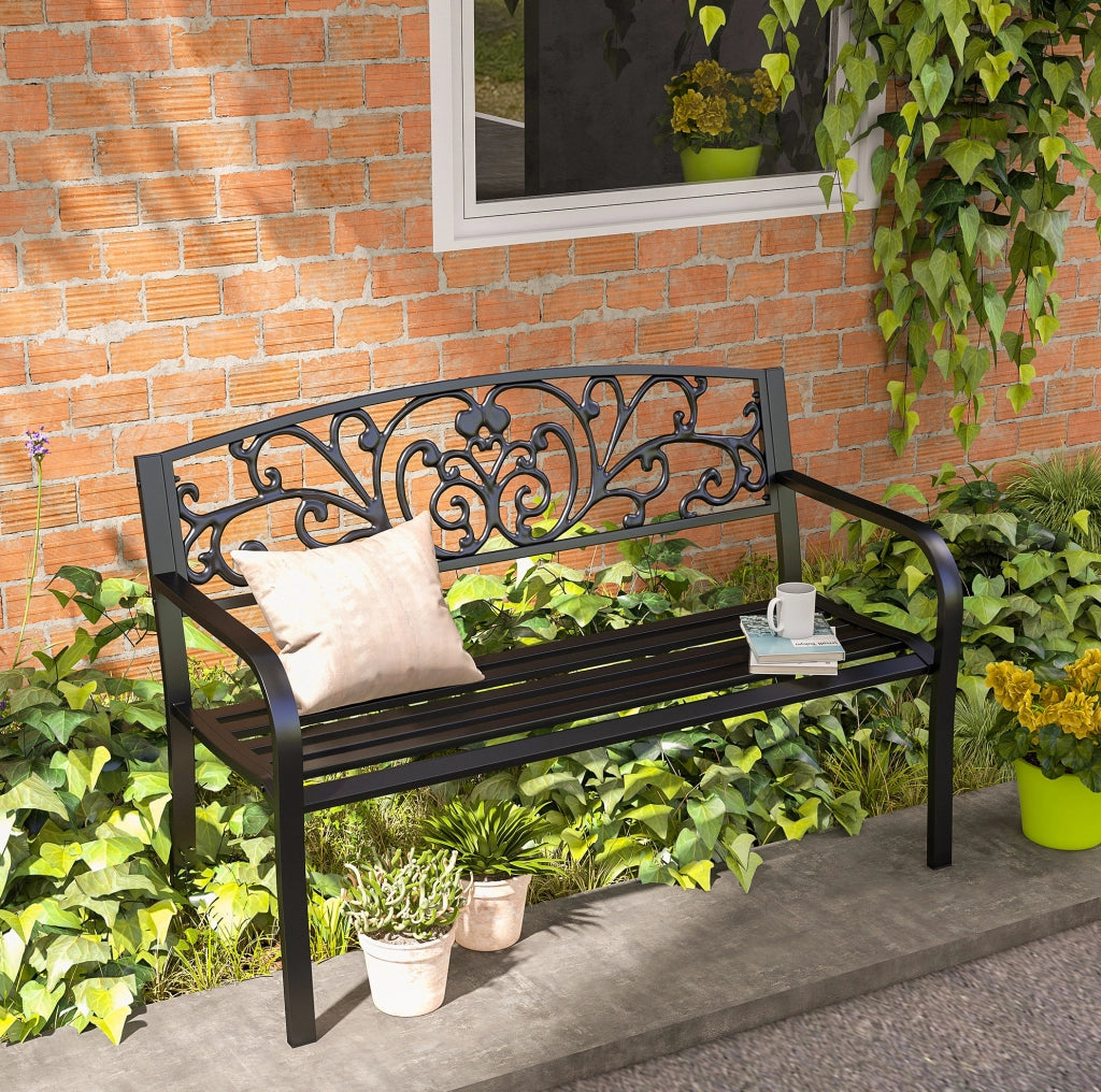 Panca da giardino 127x60x87 cm nera in metallo con schienale e braccioli