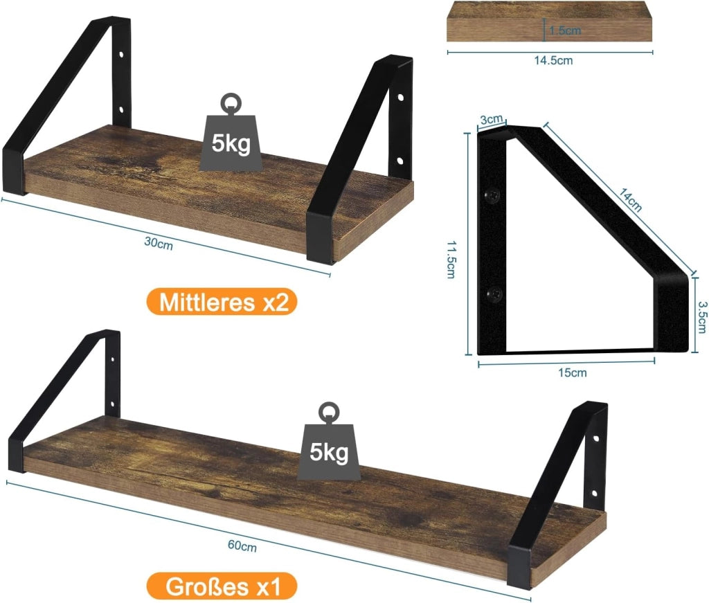 Set di 3 Mensole a Muro, Pensili da Cucina, Mensole per Bagno, Soggiorno, Camera da Letto, in Legno e Metallo, Effeto Legno Vintage e Nero, 60x15x11cm e 30x15x11cm